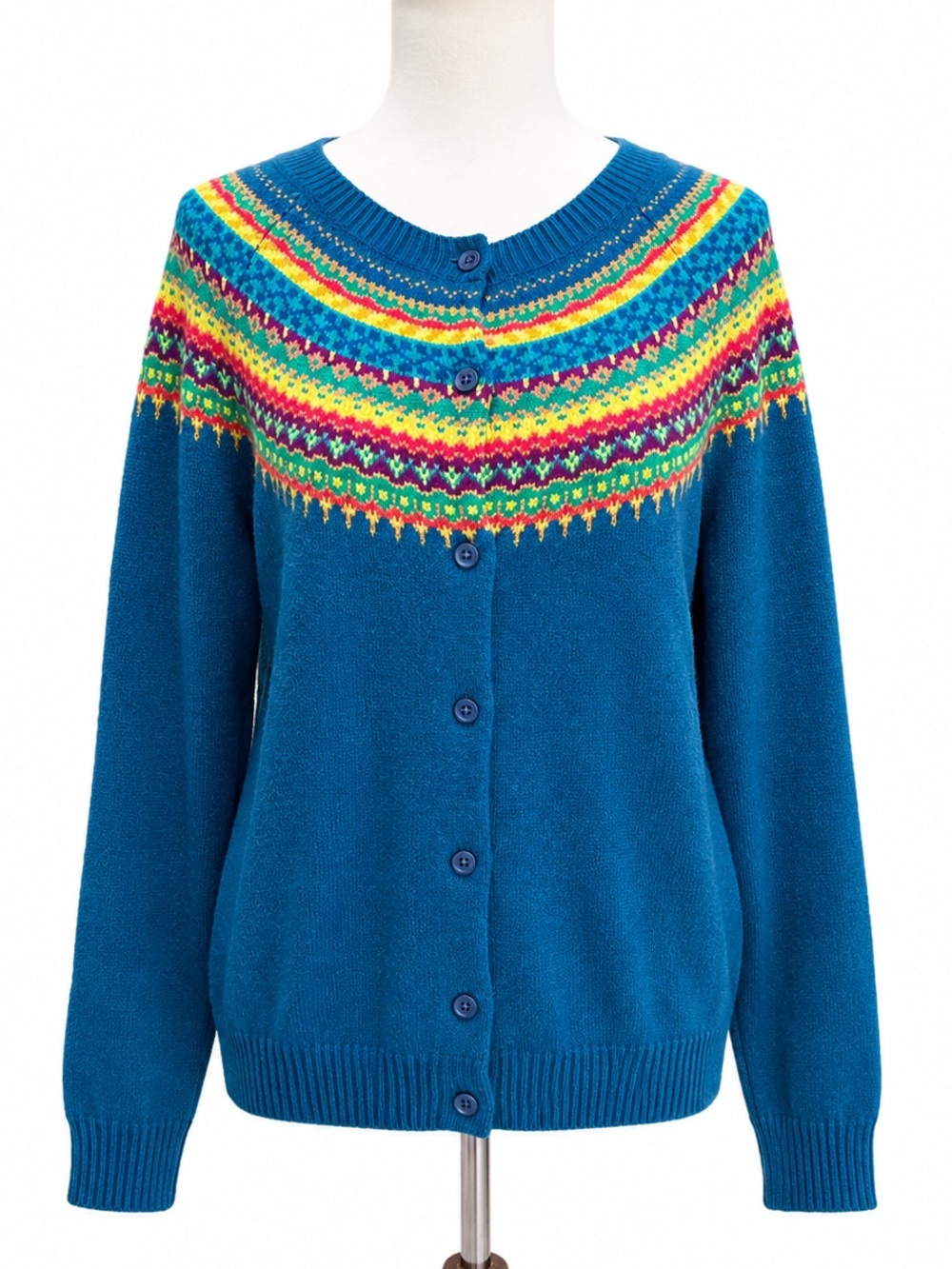 Liz Claiborne Blue Fair Isle Button-Up Sweater Cotton Blend Large